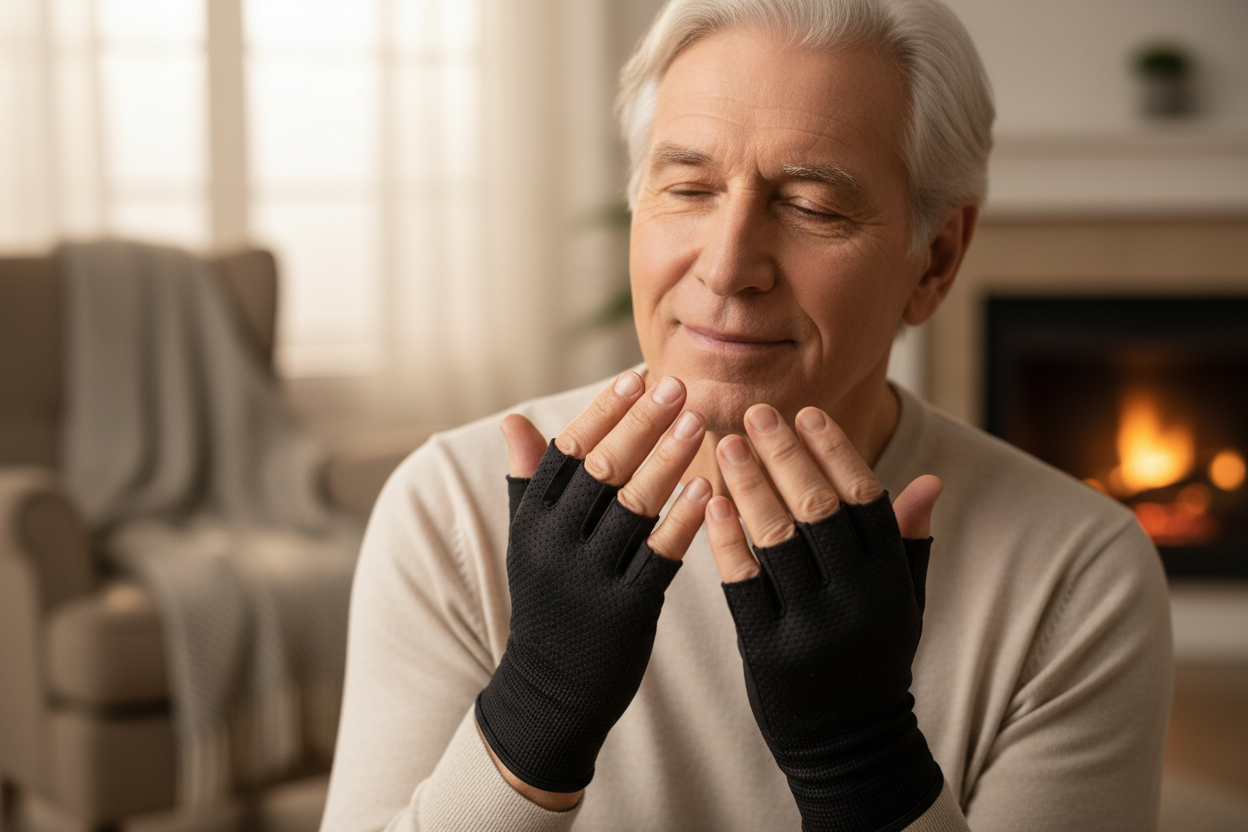 Vieil homme portant des gants de compression